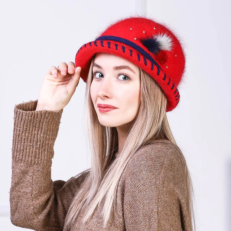 

Women Hat Winter Panama Angora Beanie Knit Bucket Hat Rhinestone Warm Double Layers Skiing Autumn Snow Outdoor Accessory Female