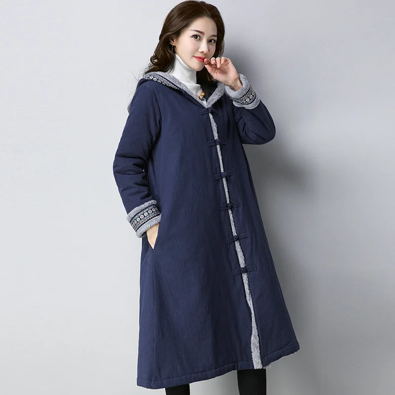 

Literature And Art Retro National Wind Loose And Plus-sized WOMEN'S Dress Cotton Linen Frog Cotton-padded Clothes Hooded Long Sl