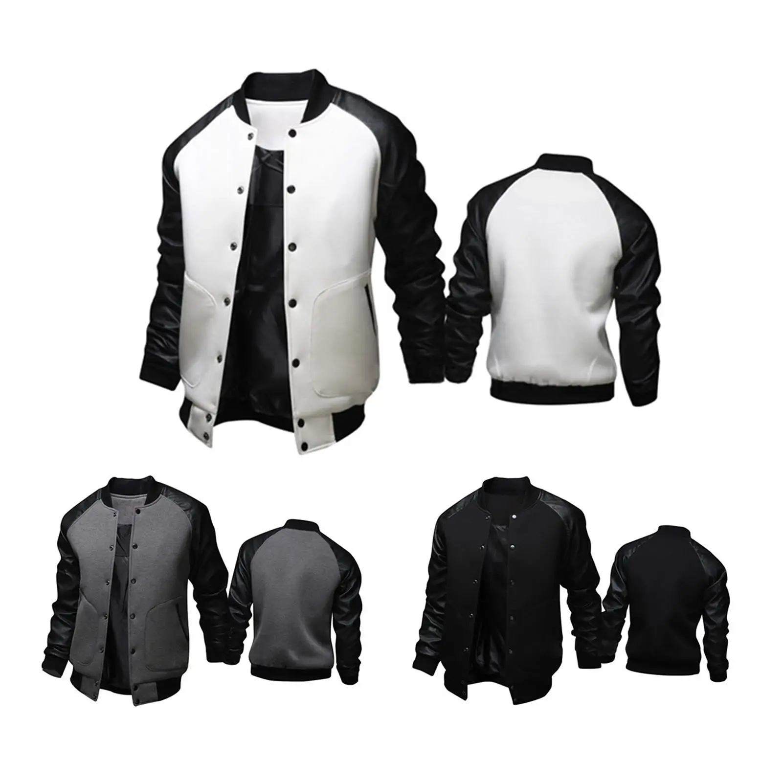 

Autumn Men Long Raglan Sleeve Color Block Varsity Jacket Buttons Pocket Coat