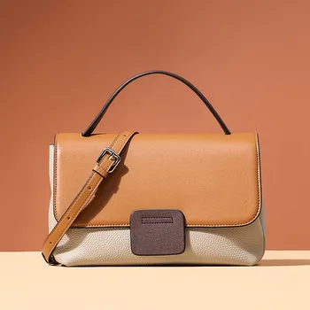 

2020 new trendy fashion wild first-layer cowhide handbag shoulder slung casual contrast color leather female bag