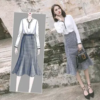 

Autumn Two Pieces Sets Women 2019 Casual White Shirt+Plaid Fishtail Skirt Suit Fashion Lady Office Wear Woman Clothing S-XL