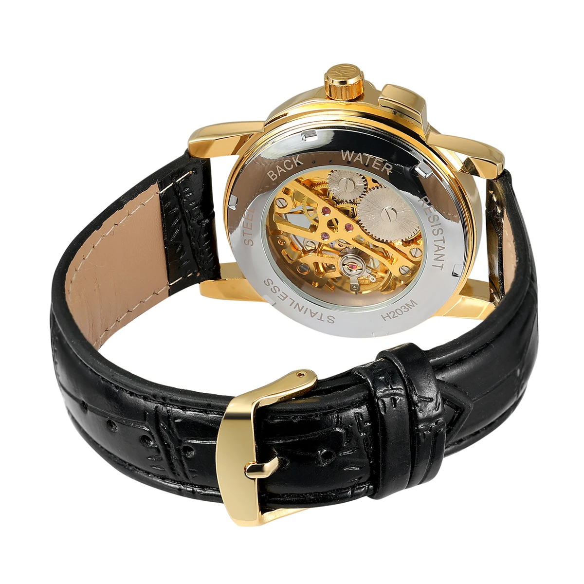 Золотой тон полый Скелет Мужские и женские заводные механические аналоговые наручные часы черный кожаный ремешок подарок цена