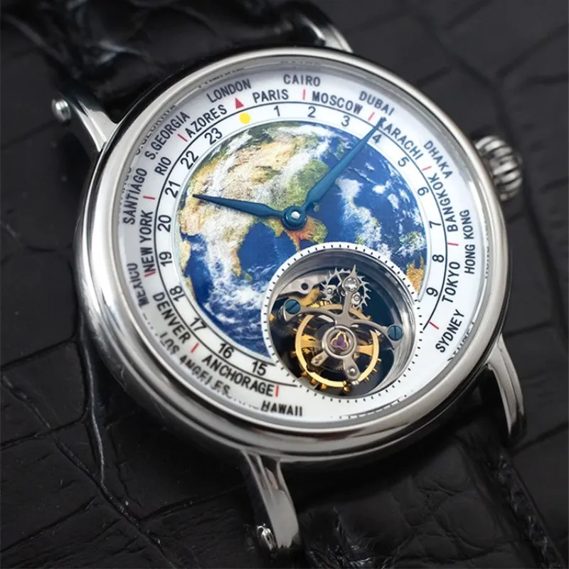 Top Brand Luxury Men Tourbillon Watches Male Sapphire Clock 3D Earth Enamel Dial ST8000 Mens Mechanical Watch Crocodile Leather