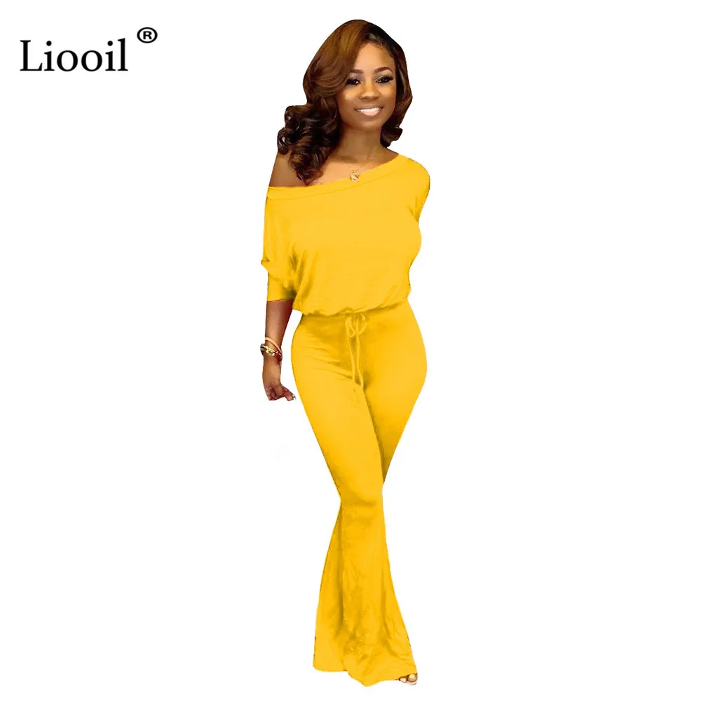 

Liooil Off Shoulder Two Piece Set Party Outfits For Women Autumn Winter 2019 Batwing Sleeve Sexy T Shirt Top And Wide Leg Pants