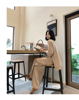 

Knitting Female Sweater Solid Tracksuit Women Knitted Pullover Long Sleeve Top Wide Leg Pants Suit Plus Size Chandal Mujer