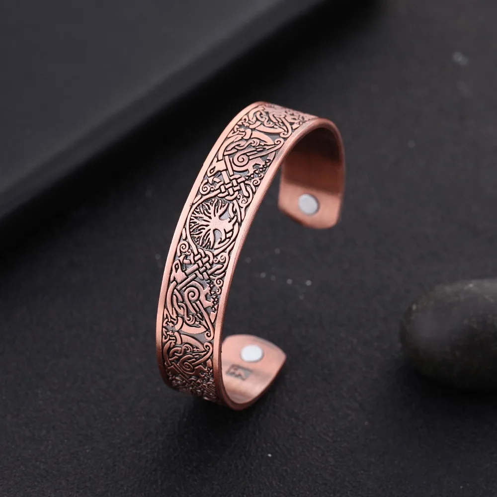 Skyrim Vintage Tree of Life Ravens Birds Cuff Bracelets Magnetic Health Open Viking Amulet Bangles For Men Nordic Myth Jewelry