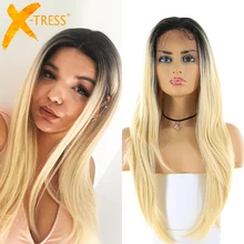 Длинные прямые синтетические волосы на кружеве с детскими волосами, X-TRESS, блонд, 613, цвет Омбре, 13x4 дюйма, модный tresse парик, средняя часть/свободная часть