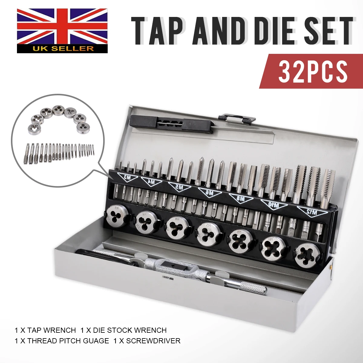 

32pcs/set Metric Thread Tap and Dies Combination Tap And Die Set Metric Garage Tool Kit With Storage Case M3 M4 M5 M6 M8 M10 M12