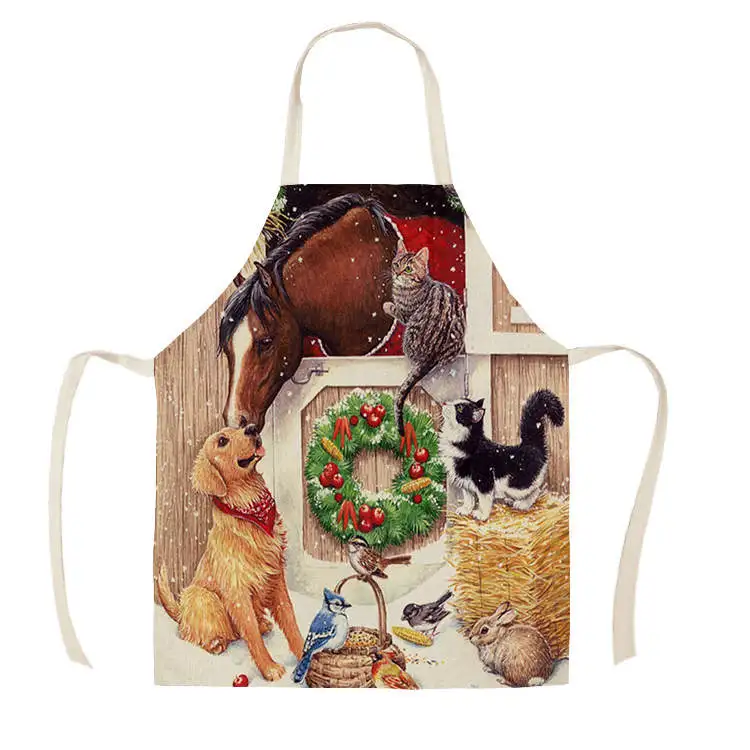 1Pcs Kitchen Apron Christmas horse farm Printed Sleeveless Cotton Linen Aprons for Men Women Home Cleaning Tools 55*68cm