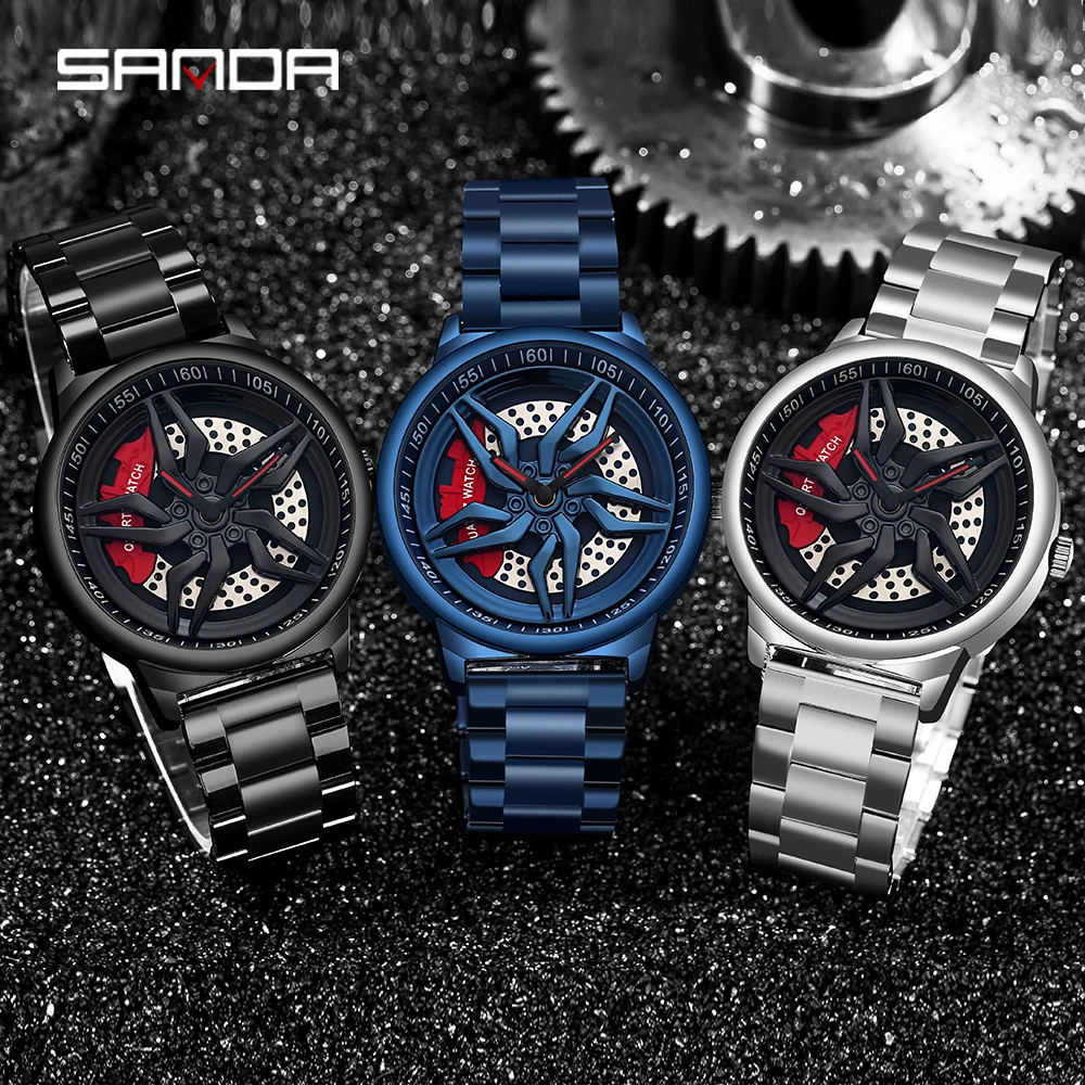 SANDA Hot sell Fashion Luxury Men Watch Unique Rotating Wheel Dial Quartz Wristwatch Gift 360° Spinning Dial Relogio Masculino