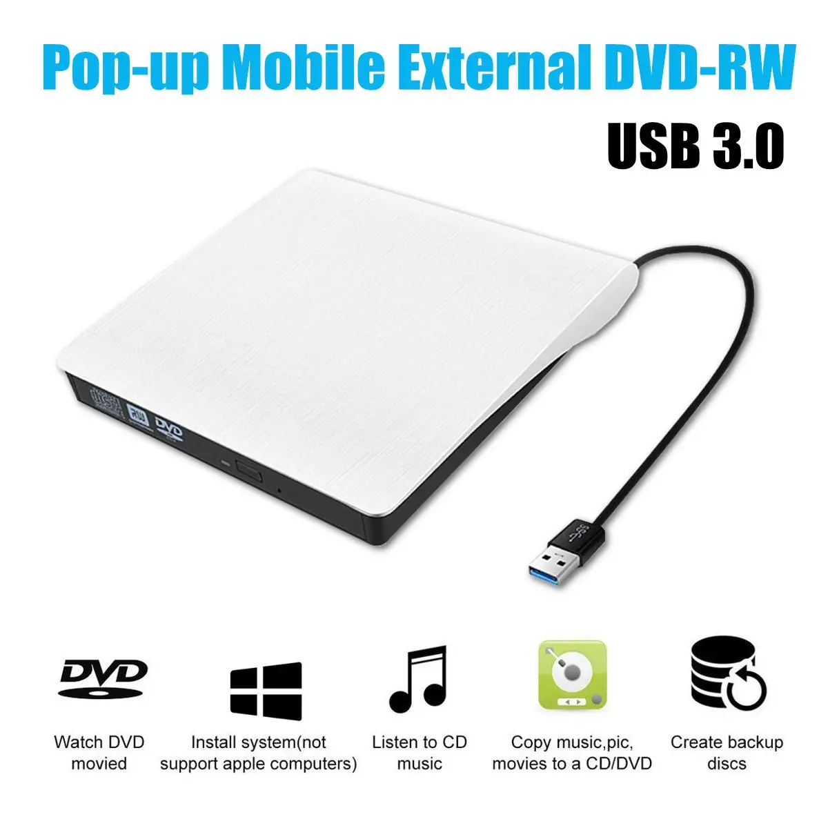

Hot Sales White USB 3.0 Slim External DVD RW CD Writer Drive Burner Reader Player Optical Drives For Laptop PC