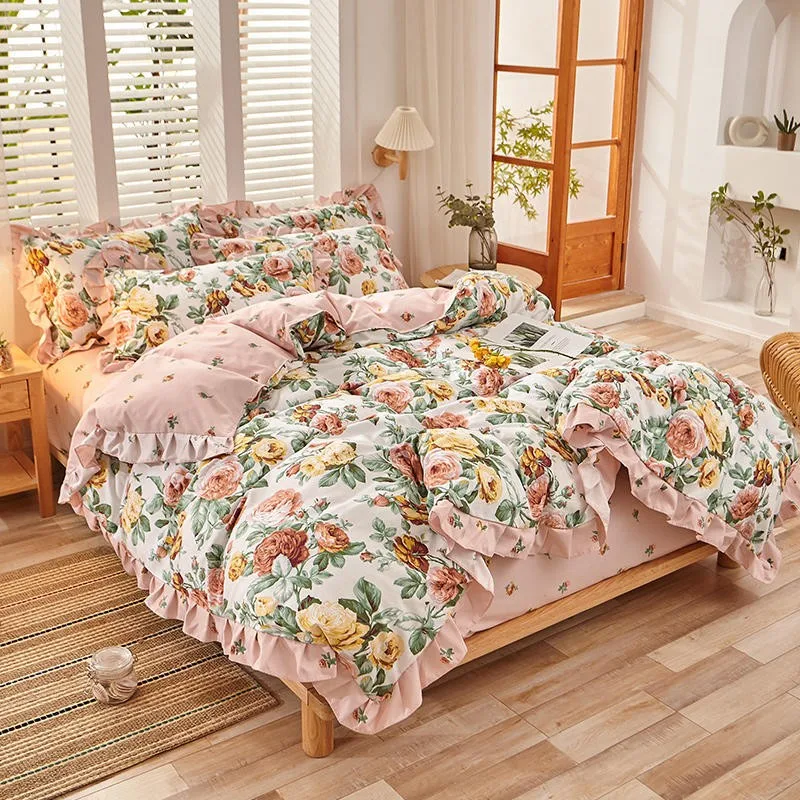 Peony Floral Girls Duvet Cover Set Soft Cotton Brushed Farmhouse Chic Blossom Ruffle 3/4Pcs Bedding set Fitted sheet Pillowcase