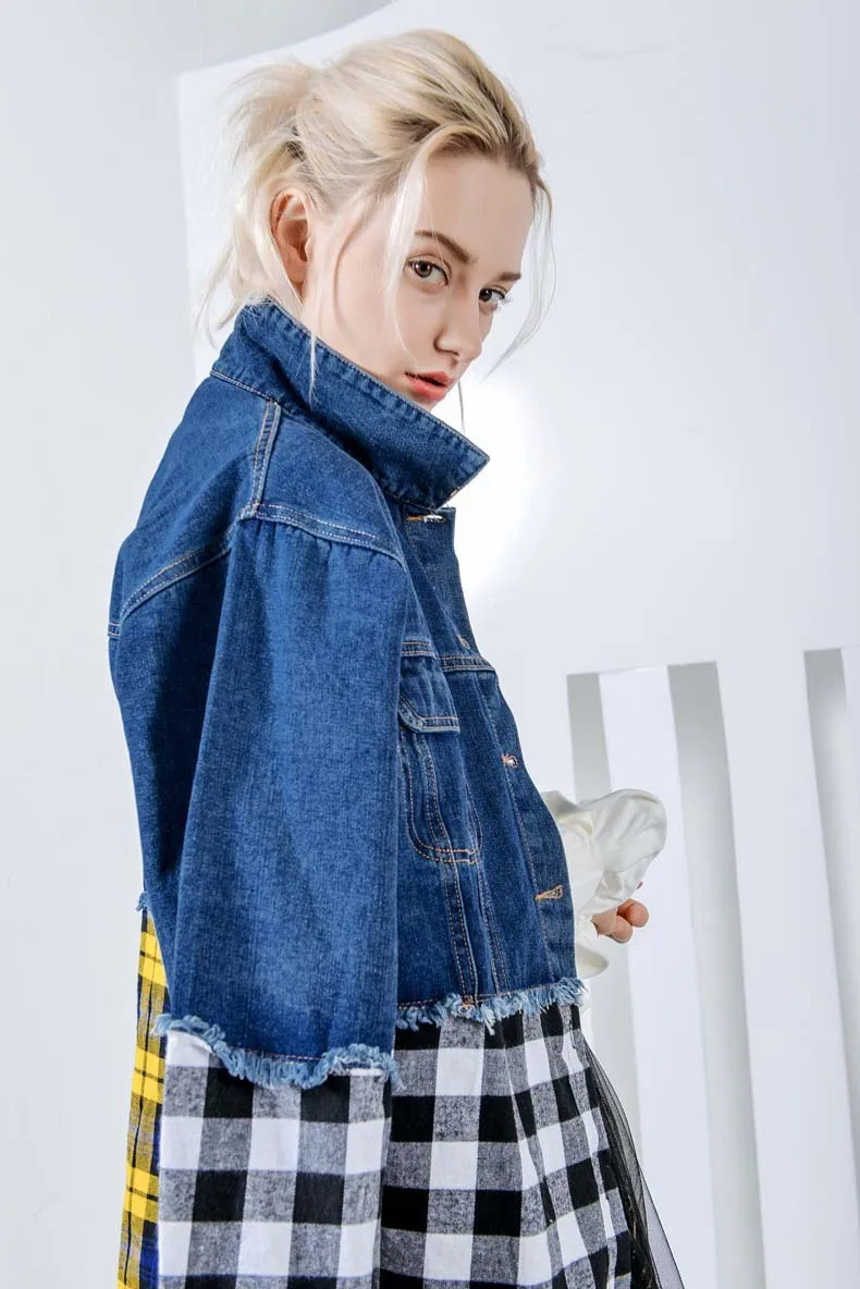 Max LuLu Осень Корейская мода уличная женская одежда женские Лоскутные повседневные джинсовые куртки винтажное клетчатое пальто плюс размер