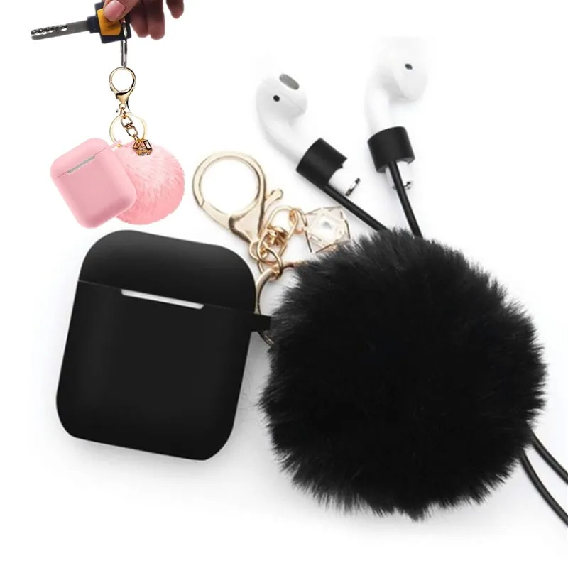 Airpods чехол-Drop Proof Air Pods Защитный чехол силиконовый чехол милый меховой шарик Airpods брелок/ремешок Apple Airpods доступ