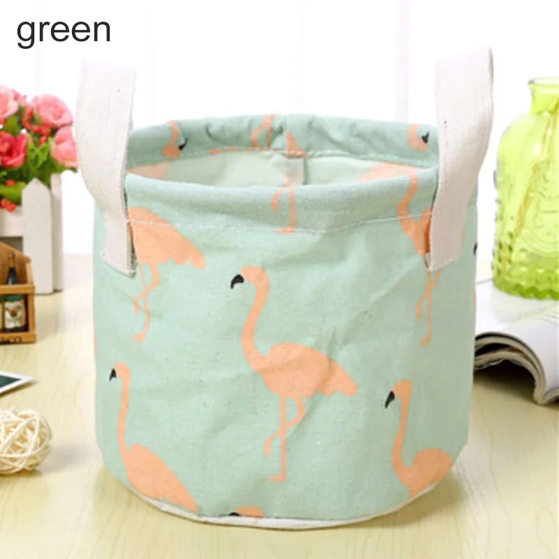 green flamingo Корзинка для косметики, 1 шт., складной контейнер для канцелярских принадлежностей из хлопка и льна, Настольный ящик для хранения, круглый органайзер для мелочей с рисунком, 14*18 см - Цвет: green flamingo