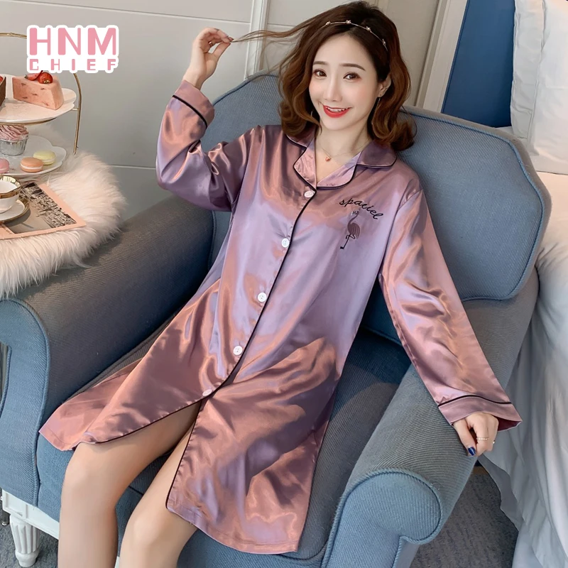 

HNMCHIEF Purple Nightdress Ladies Pajamas Top Spring Comfy Long Sleeve Nightgown Sexy Sleepwear Ice Silk Button Down Nightshirt