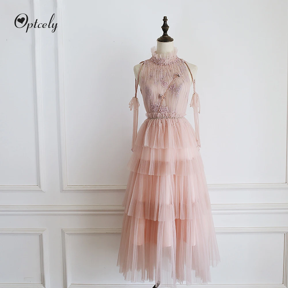 Optcely Robe De Mariee милые розовые вечерние платья с высоким горлом для выпускного вечера многоуровневые женские платья без рукавов с аппликацией из бисера Длинные вечерние платья