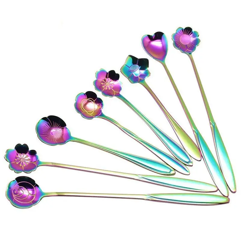 

8Pcs Flower Spoon Set, 2 Different Size Colorful Stainless Steel Teaspoons Rainbow Coffee Stirring Spoon
