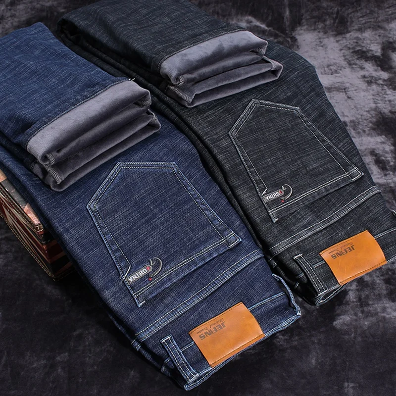 Новые зимние теплые флисовые мужские джинсы плотные Стрейчевые прямые брендовые