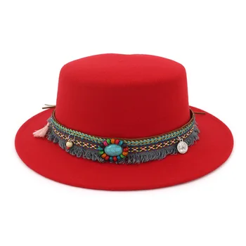 

OLOMLB Retro Kid Vintage 100% Wool Wide Brim Cap Pork Pie Porkpie Bowler Hat Tassel Turquoise Leather Band Drop shipping