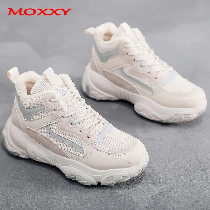 

2019 Retro Women's Winter Sneakers Warm Fur Chunky Sneakers Platform Beige Plush Casual Shoes Woman Ladies Vintage Dad Sneakers