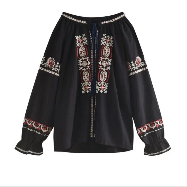 Винтажная шикарная Женская богемная Цветочная вышивка милая пляжная блузка-кимоно с длинным рукавом Свободные Boho рубашки blusa - Цвет: black
