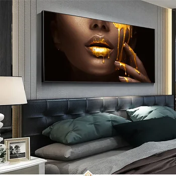 

Gold Sexy Lip Black African Nude Woman Oil Painting on Canvas Posters and Prints Scandinavian Wall Art Picture for living room