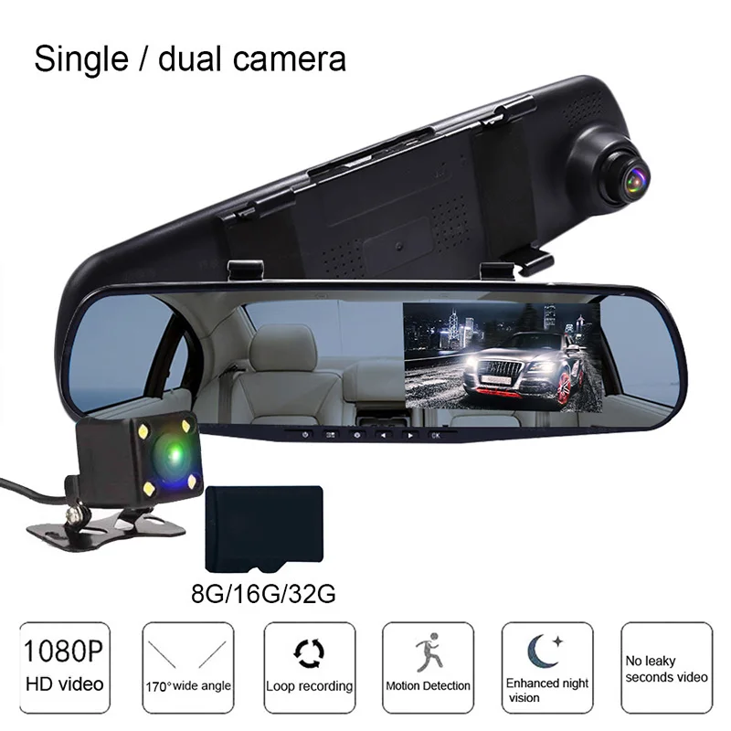 

TOSPRA Car DVR Camera Recorder Dual Lens Cam Mirror Rear View Full HD 1080P Cam Auto Driving Recorder Night Vision Function