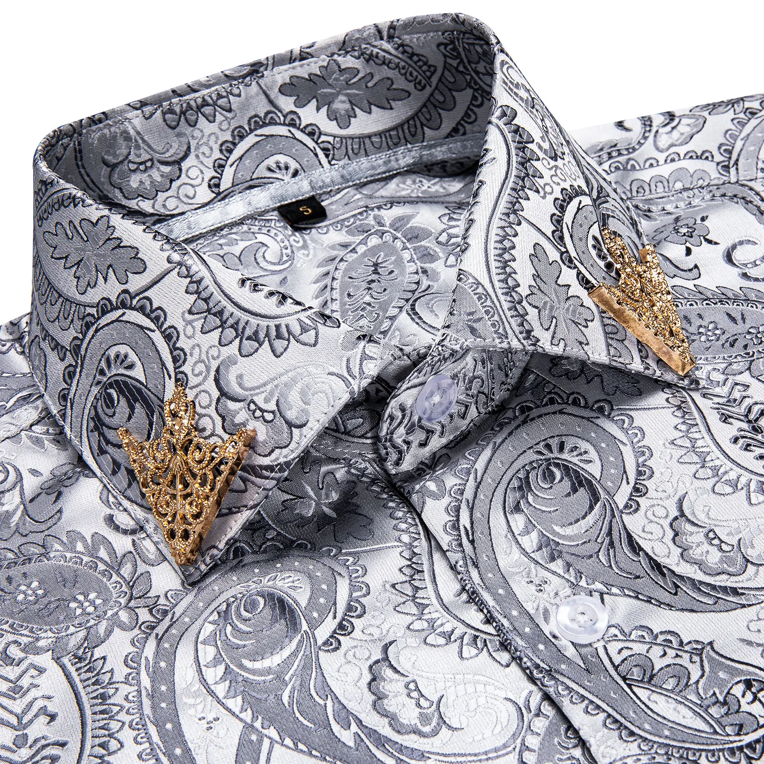 Fashion Paisley Floral Men Shirt Silver White Business Casual Long