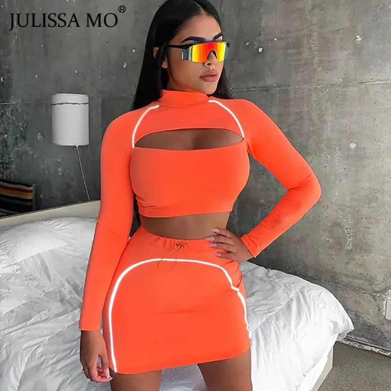 

JULISSA MO Reflective Striped Two Piece Set Women Dress Autumn Long Sleeve Crop Top Sexy High Waist Bodycon Dress Casual Outfits