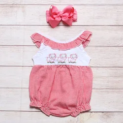 Vêtements d'été pour filles, grand nœud rouge à l'arrière, Plaid rouge sans manches, trois petits cochons, motif brodé, barboteuse pour bébés 