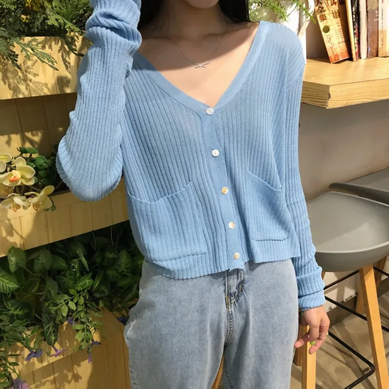 

Summer V-Neck Thin Sweater Button Up Sun Protection Women Long Sleeve Knitted Cardigan