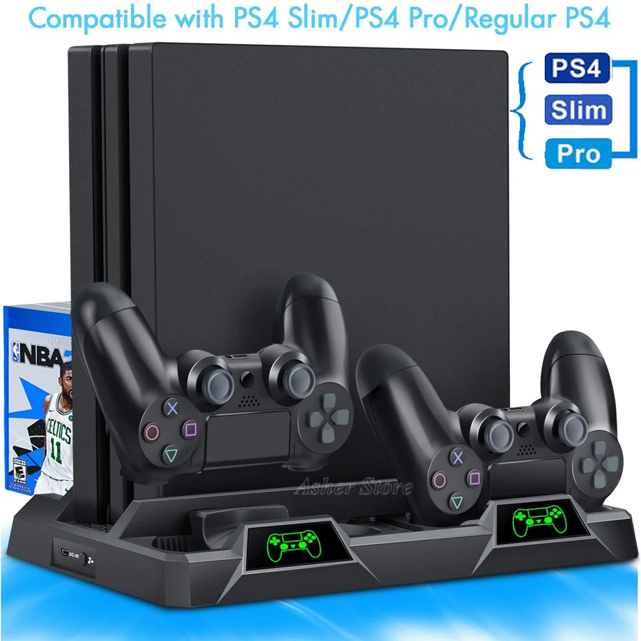 PS4 Slim Pro вертикальная подставка 2 контроллера Зарядное устройство Док-станция охлаждающий вентилятор игры держатель диска для sony Playstation 4 PS 4 серии консоли