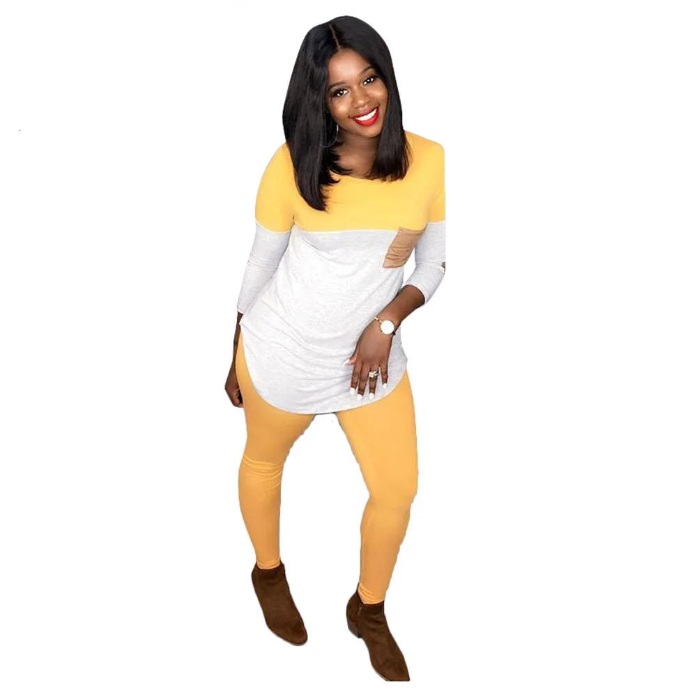 Комплект из 2 предметов, женский осенне-зимний спортивный костюм, топы с длинными рукавами и штаны, элегантный женский костюм для фитнеса и тренировок, винтажный комплект из двух предметов - Color: yellow