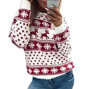 

2019 Women Autumn Winter Soft Comfort Christmas Elk Snow Sweater Print Long Sleeve Pullover Tops Sweater New Year Gift For Women