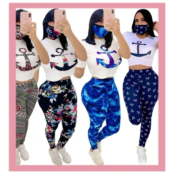 

2020 Sexy Print Boat Anchor Womens Tracksuit Summer Tshirts And Long Pants Two Piece Sets Fitness Outfits Sports Suit Clothing