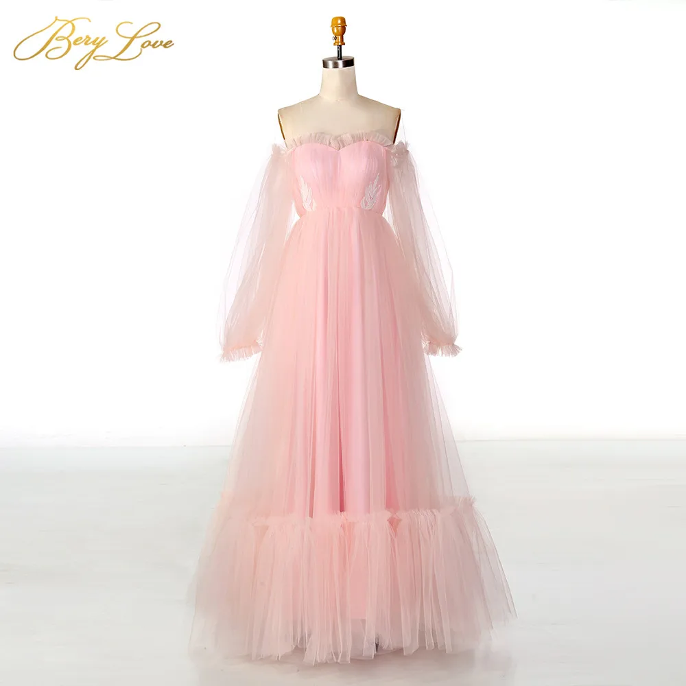 BeryLove нежно-розовый тюль вечернее платье ТРАПЕЦИЕВИДНОЕ с длинными рукавами с вырезом-сердечком длинное вечернее платье для беременных женщин