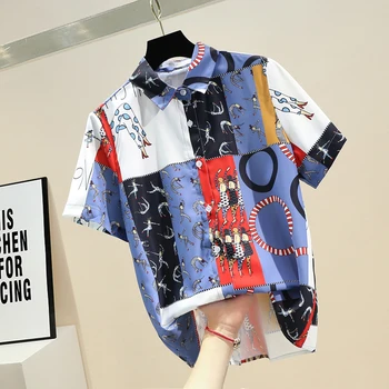 

Short Sleeve Blouse for Women Spring Summer New Loose Contrast Printed Chiffon Shirt Ladies Lapel Single-breasted Shirts Blusas