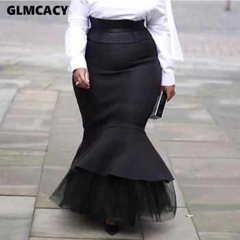 

Women Plus Size High Waist Cascading Ruffle Design Bodycon Skirt Mesh Design Solid Chic Oversize Skirt