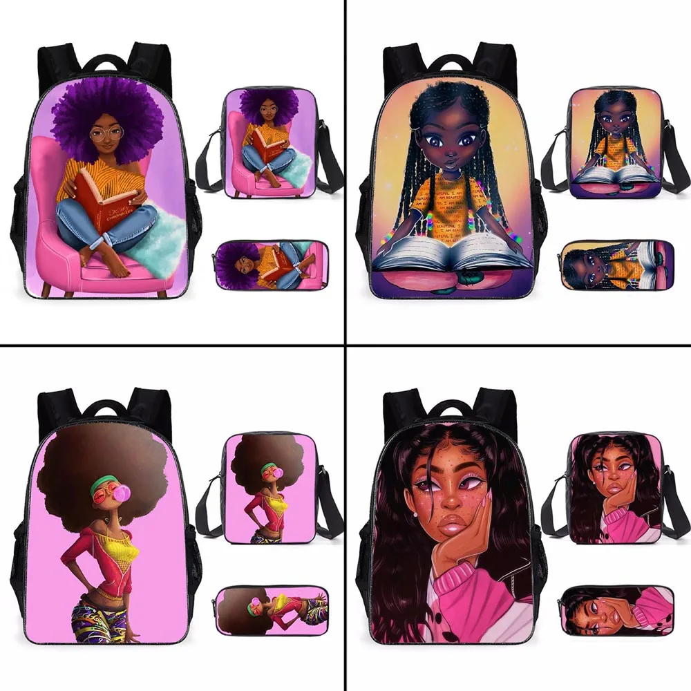 2021 New Cartoon African Girl Three-Piece School Bag Elementary Middle School Students Anime Print Backpack Shoulder Pencil Case
