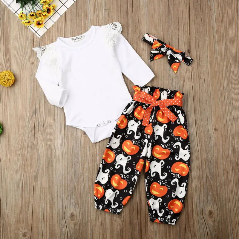 Newborn Baby Girl Boy Halloween Pumpkin Costume Long Sleeve Romper Ghost Pants Headband Outfits