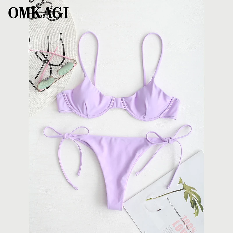 OMKAGI New Bikini Solid Swimwear Women Mini Thong 2021 Summer Swimsuit Bikini Set Brazilian Biquini Push Up Swimsuit Female womens swimwear