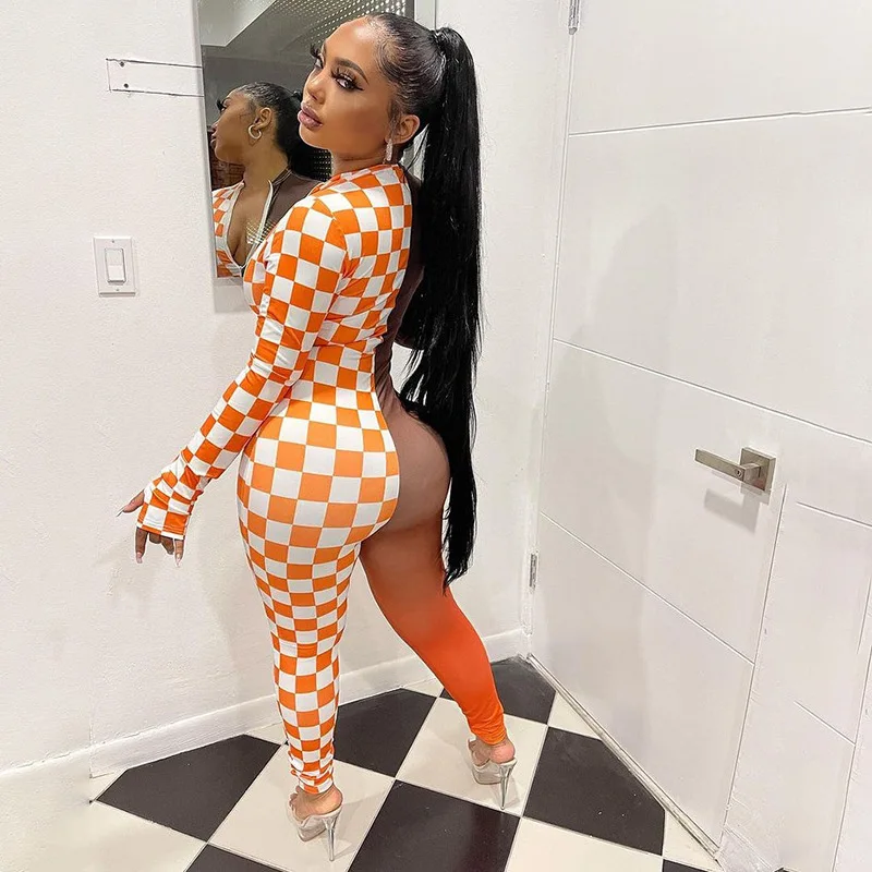 

DSMTRC Womens Jumpsuit Long Sleeve Sportswear Casual Zip Up Fall Outfit Bodycon Checkerboard Patchwork Tight One Piece Rompers