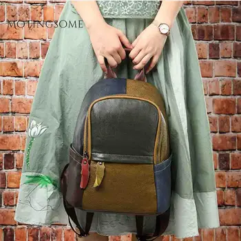 

Genuine Leather Backpack Real Cowhide Leather Random Color Patchwork Handmade Old Style Backpack Ladies Mochila Shopper Bag 2019