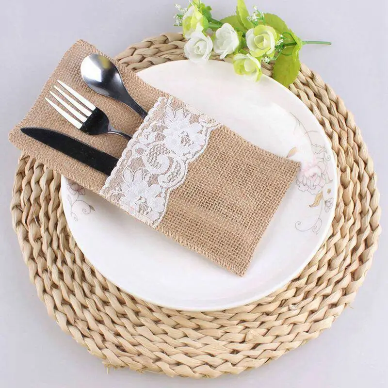 

50 pcs Natural Jute Cutlery Knives and Forks Cutlery Set Silverware Bag Holder Burlap & Lace Party Wedding Decor, 21x11cm
