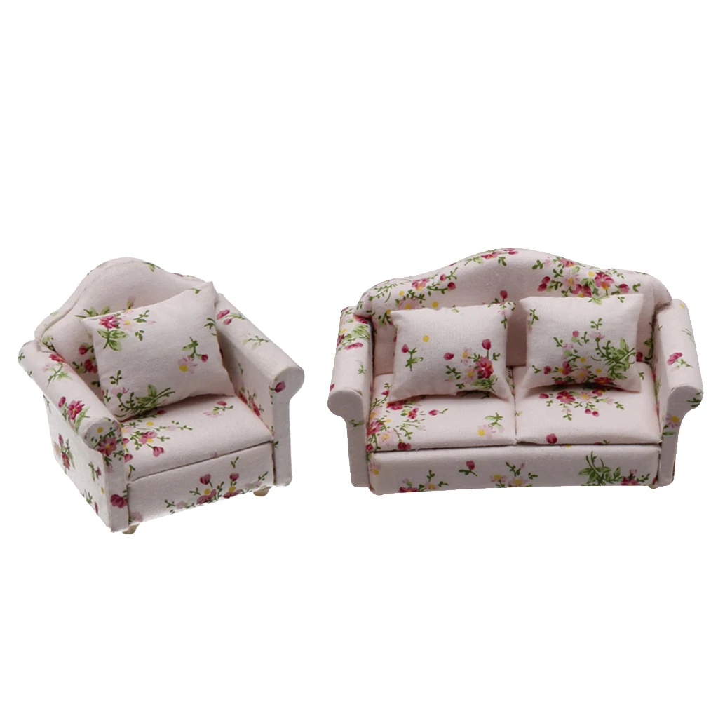 2pcs 1/12 Wood Armchair Dollhouse Miniatures Furniture W/ Cushion Decor Accs