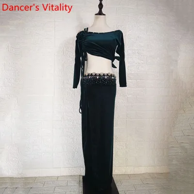 Winter Belly Dance Group Practice Clothes Velour Diamond Drawstring Top Skirt Oriental Indian Dancing Performance Training Suit - Цвет: Черный