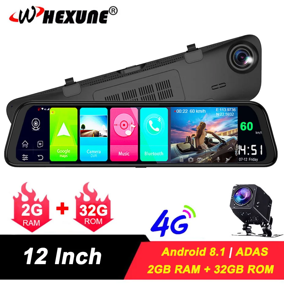 Видеорегистратор-зеркало заднего вида WHEXUNE 12 дюймов 4G Android GPS FHD 1080P | Автомобили и