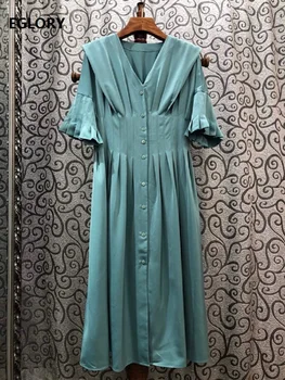 

New Arrival Summer Dress 2020 Fashion Style Women V-Neck Vintage Buttons Up Flare Sleeve Mid-Calf Length Elegant Green Dress