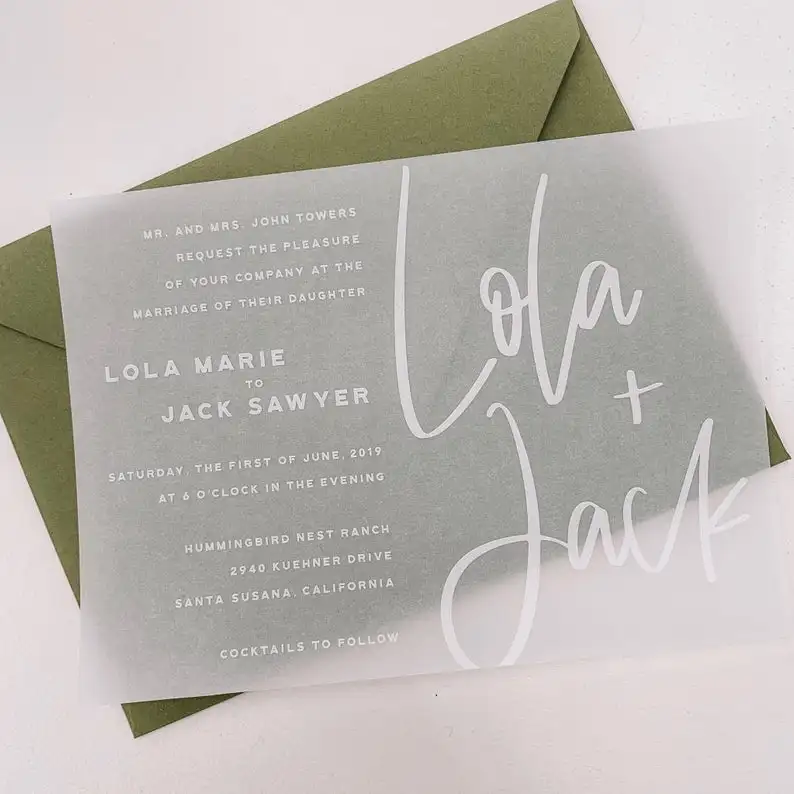 

White Ink Vellum Paper Wedding Invitation with Envelope AI016